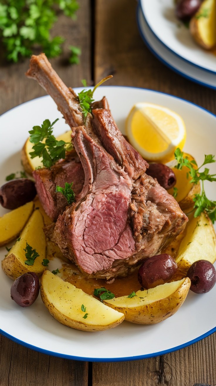 Greek lamb with roasted potatoes and olives, garnished with parsley and lemon, on a rustic table.