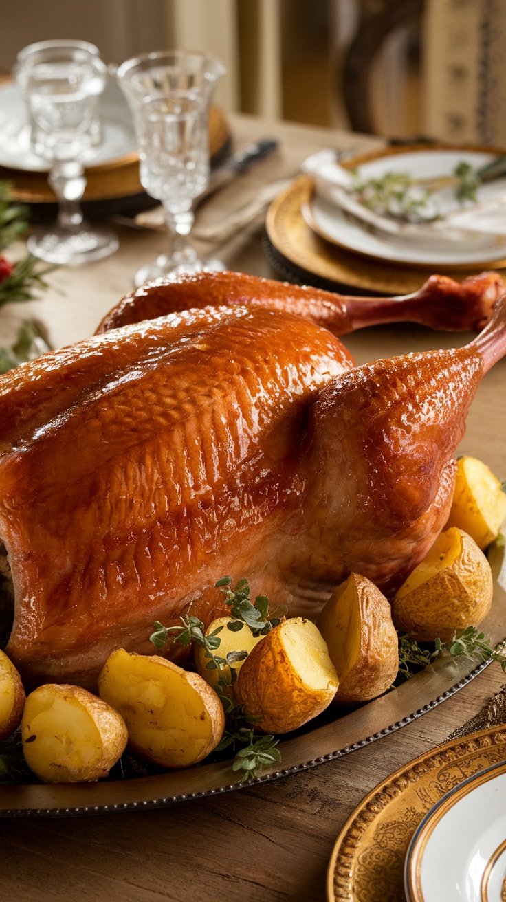 Roasted honey-glazed goose with confit potatoes on a rustic table.
