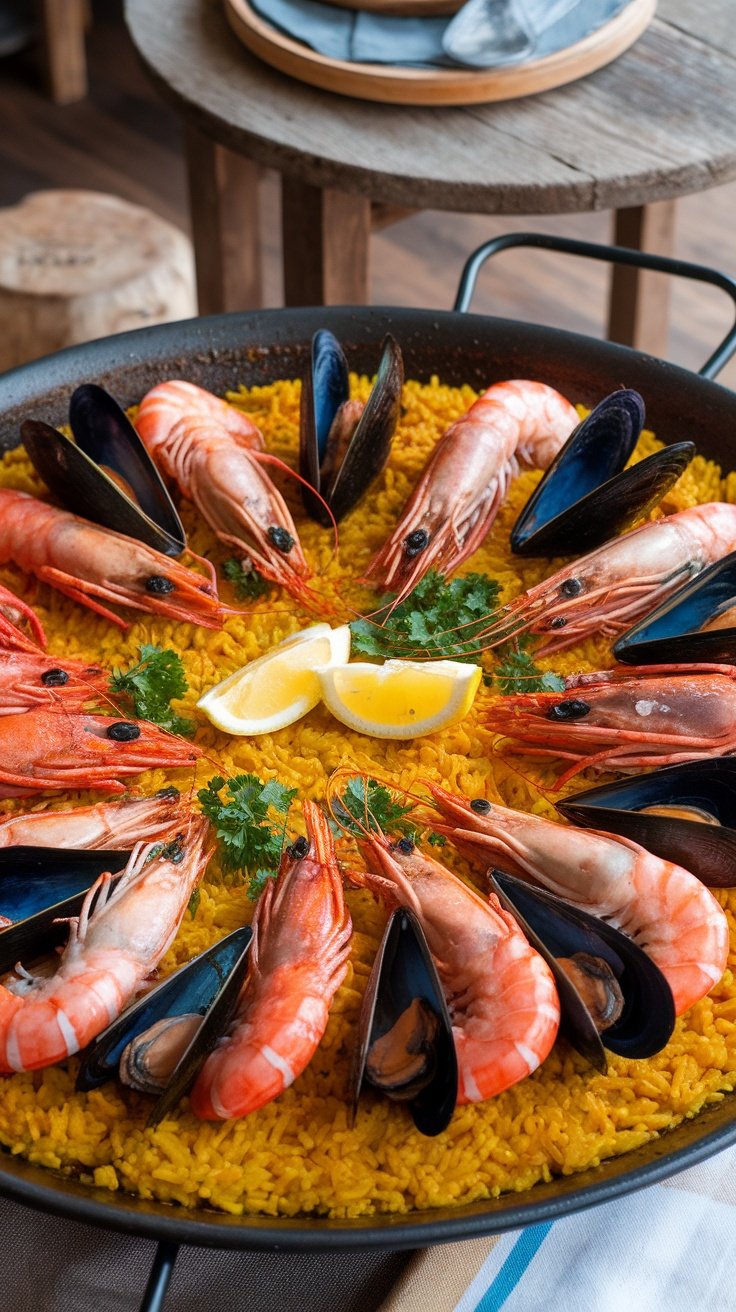 A stunning seafood paella with shrimp, mussels, and squid, garnished with parsley and lemon, on a rustic table.