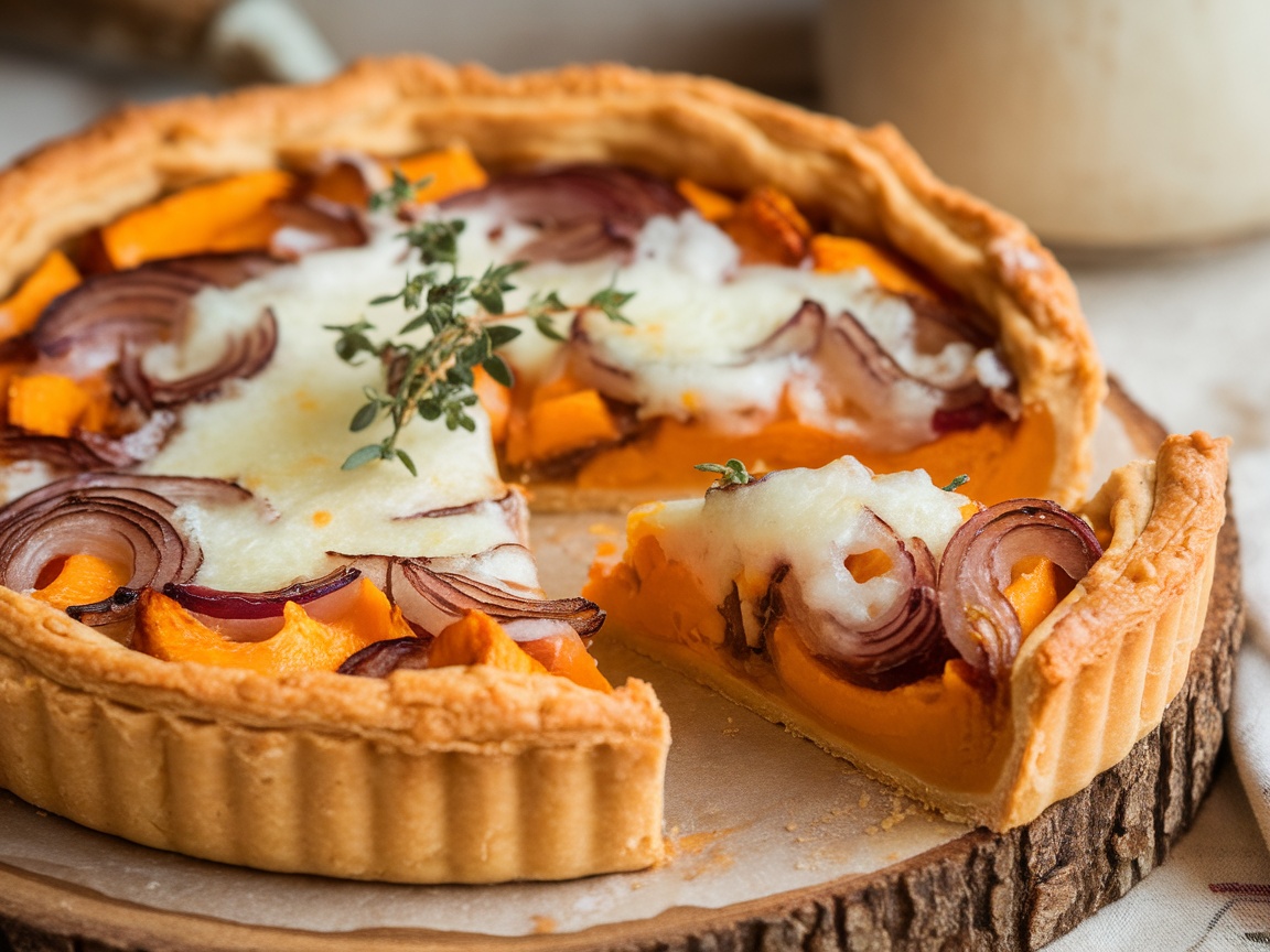 Delicious Caramelised Onion_ Squash_ and Gruyère Tart recipe.