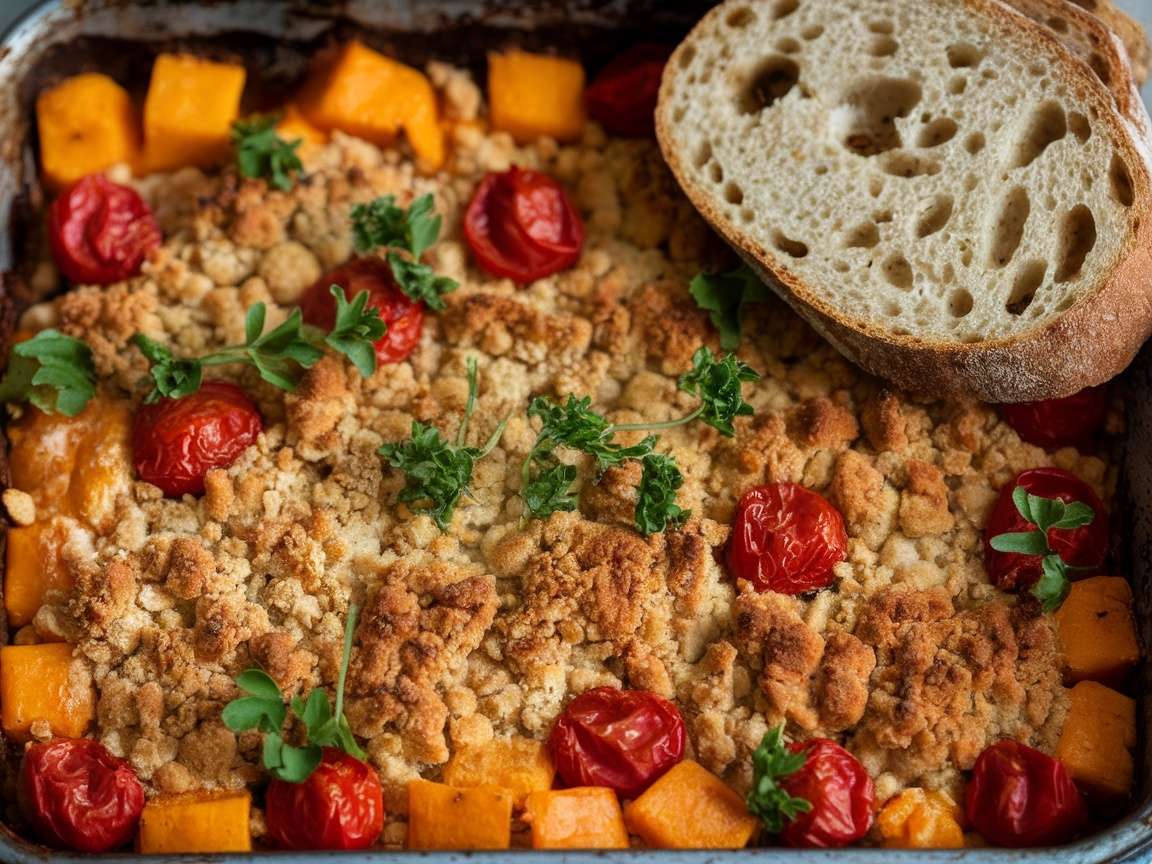 Delicious butternut squash and cherry tomato crumble