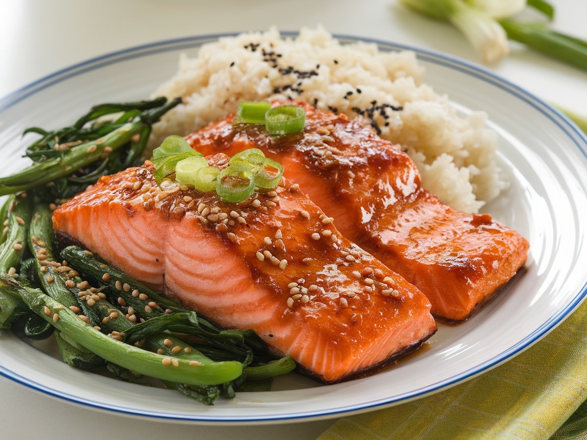 Glazed miso salmon fillets served with rice and vegetables on a white plate, garnished with green onions and sesame seeds.