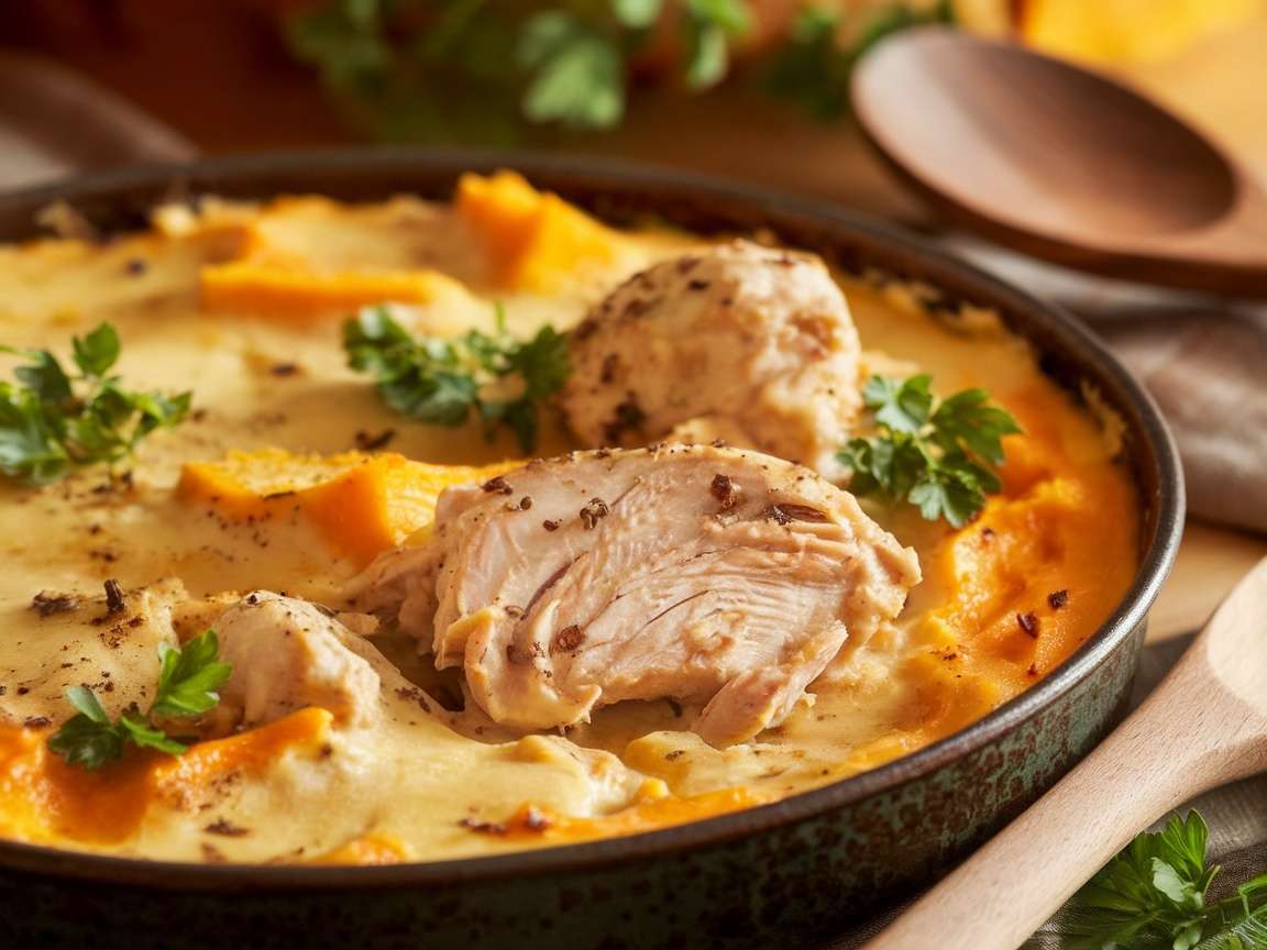 Creamy chicken and pumpkin casserole in a rustic dish, garnished with parsley.