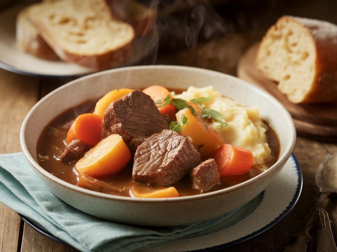 Hearty Beef and Ale Stew Recipe A warm bowl of beef and ale stew with vegetables, alongside creamy mashed potatoes and crusty bread on a wooden table.