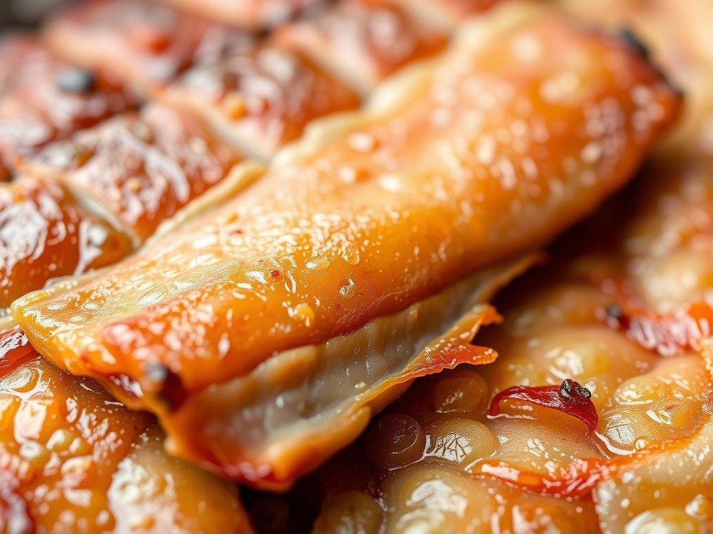 Close-up of perfectly roasted pork belly with crispy crackling