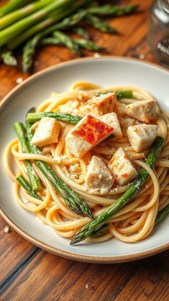 A plate of Alfredo style crab linguine with asparagus, featuring creamy sauce and chunks of crab.