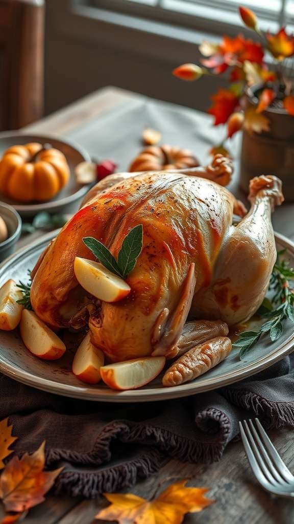 A beautifully roasted chicken stuffed with apples and sage, placed on a rustic table with autumn decorations.
