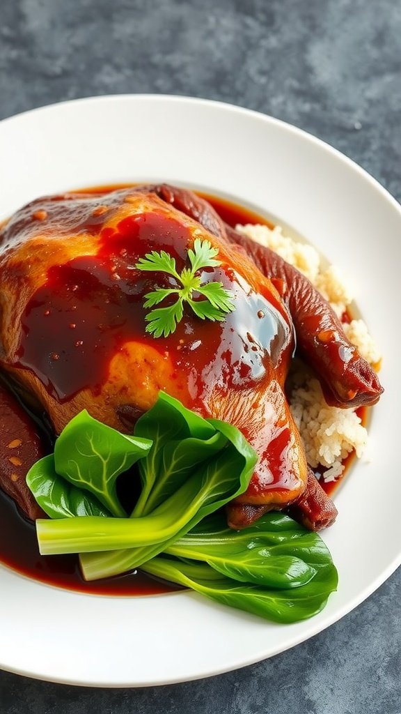 A beautifully plated roast goose with Hoisin sauce, served with rice and greens.