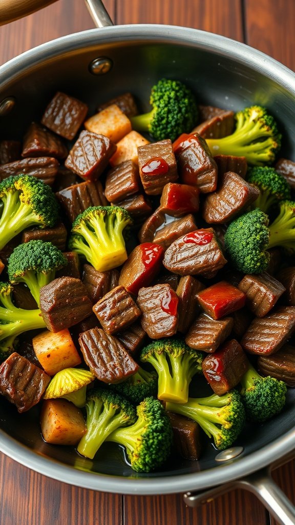A delicious beef and broccoli stir-fry in a silver pan