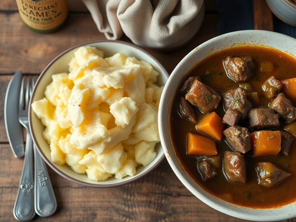 A bowl of creamy butter mashed potatoes next to a hearty beef and ale stew.
