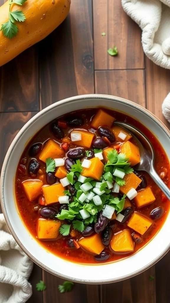 A bowl of butternut squash and black bean chili topped with cilantro and onions.