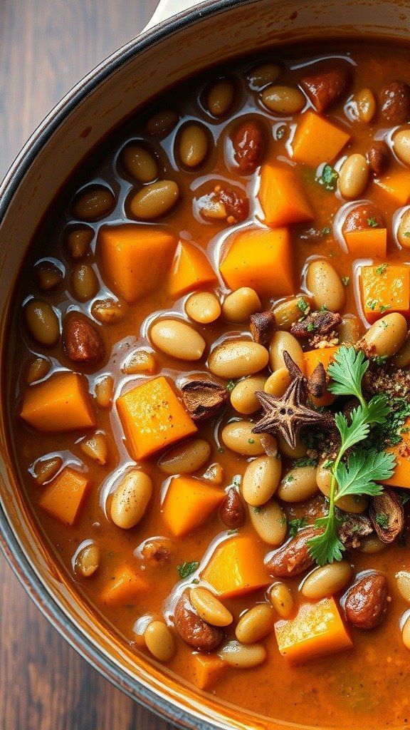 A rich and colorful bowl of butternut squash and lentil chili with various beans and spices.