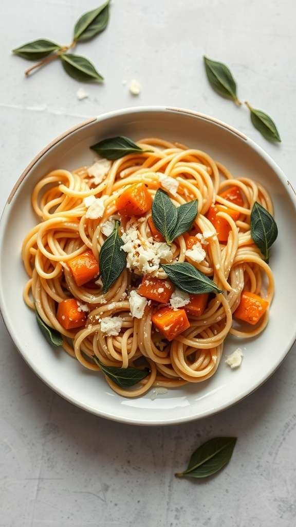 A bowl of butternut squash and sage pasta garnished with fresh sage leaves.