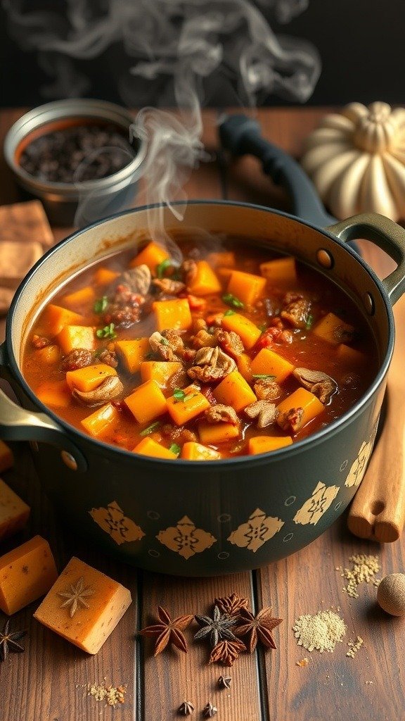 A pot of steaming butternut squash and turkey chili with spices and chunks of squash.