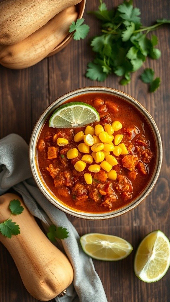 A bowl of butternut squash chili topped with corn and a lime wedge, surrounded by fresh cilantro and butternut squash.