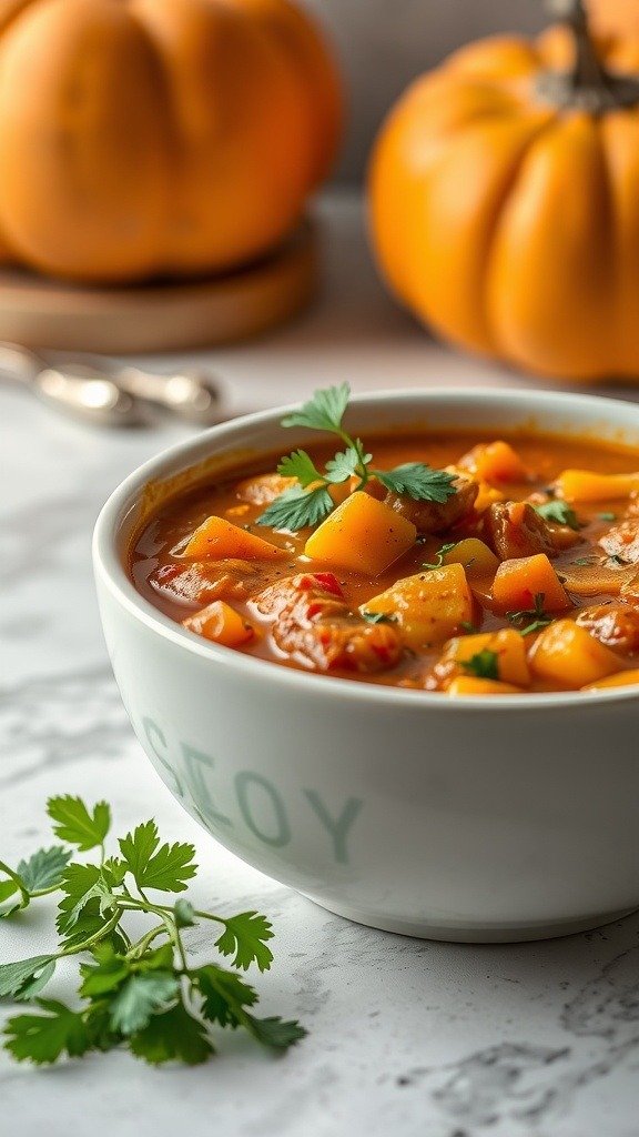 A bowl of butternut squash chili garnished with fresh herbs, with pumpkins in the background.
