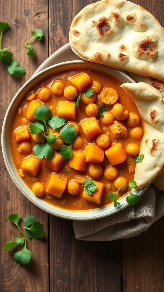 A bowl of butternut squash curry with chickpeas, garnished with cilantro, served with naan.