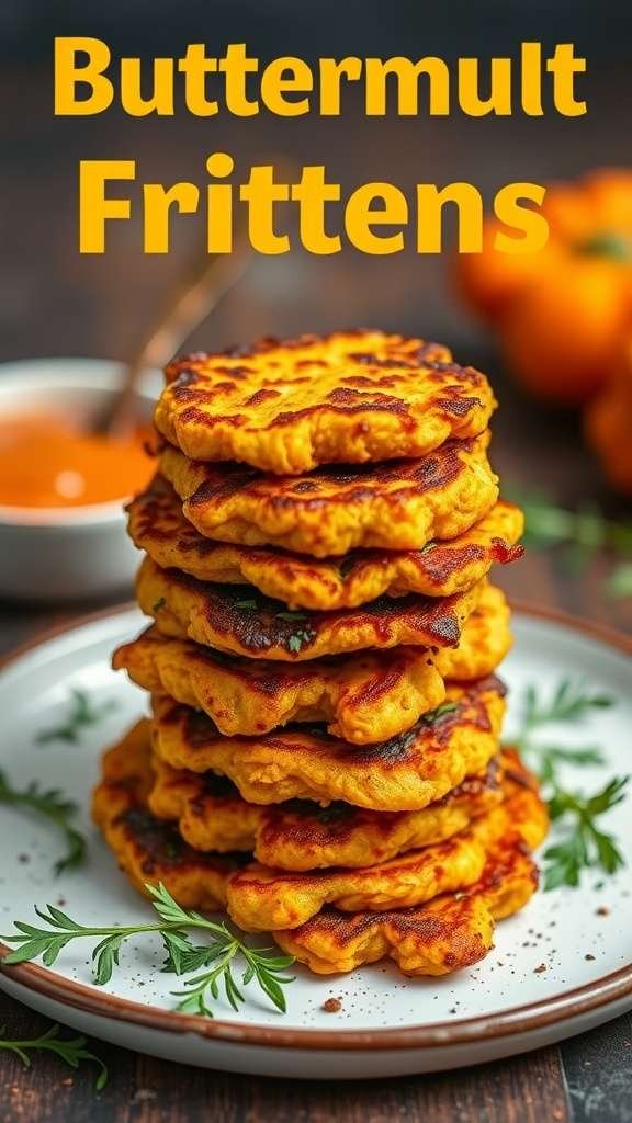 A stack of golden butternut squash fritters on a white plate, garnished with herbs, next to a small bowl of dipping sauce.
