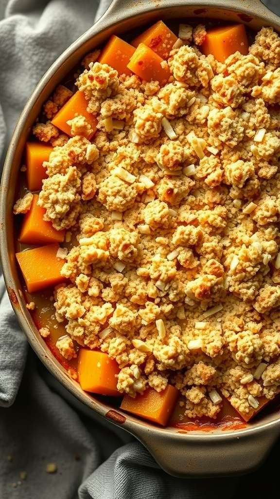 A delicious butternut squash gratin topped with a golden crumb crust.