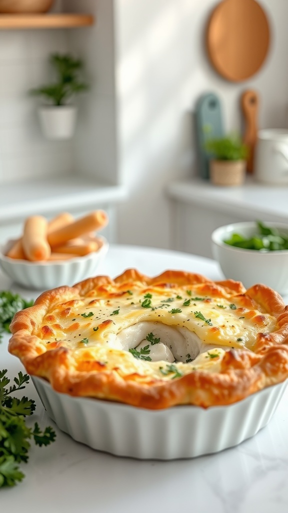 A cheesy fish pie with a golden crust topped with parsley, surrounded by fresh ingredients.