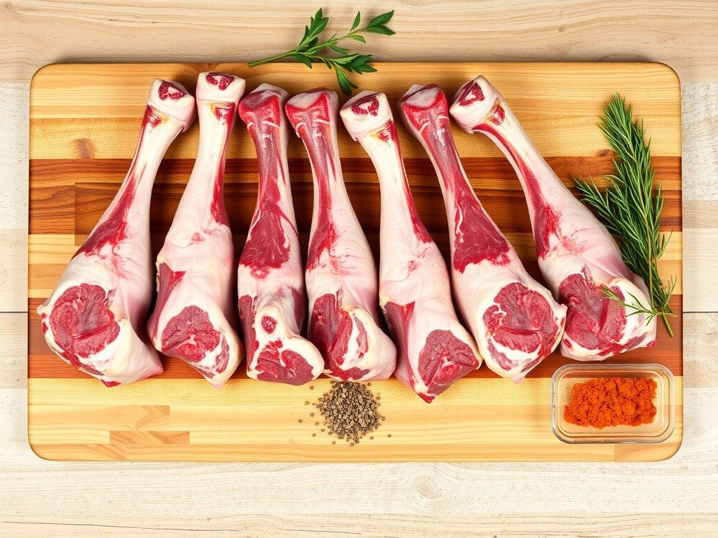 Several raw lamb shanks on a wooden cutting board with herbs and spices.