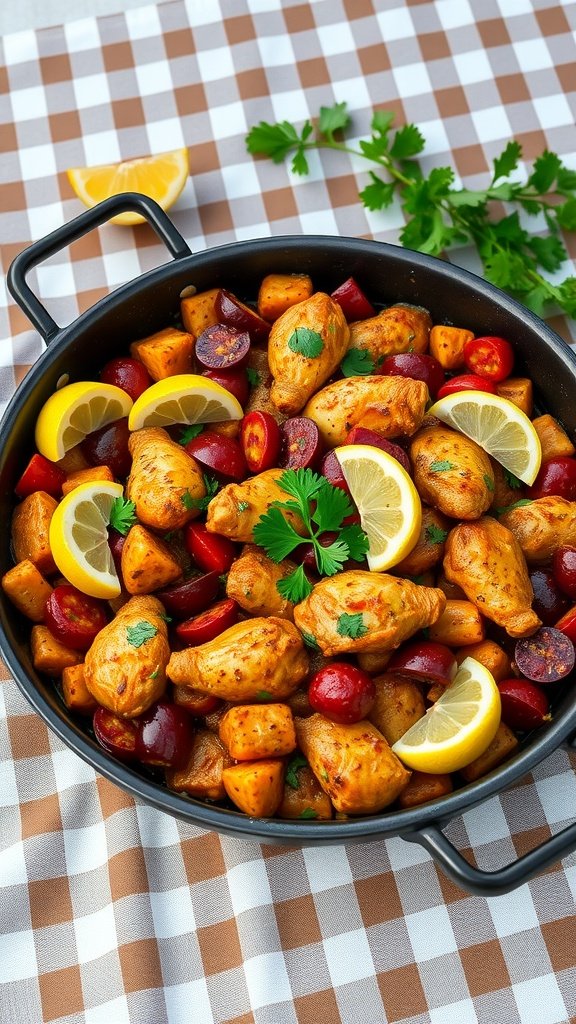 A pan of chorizo and chicken paella with colorful vegetables and lemon wedges.