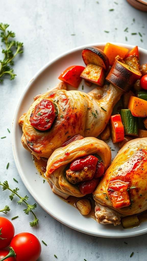 Chorizo and red pepper stuffed chicken thighs on a plate with colorful vegetables.