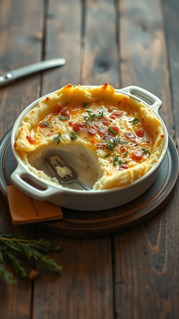 topped with creamy mash, served in a white dish on a wooden table.