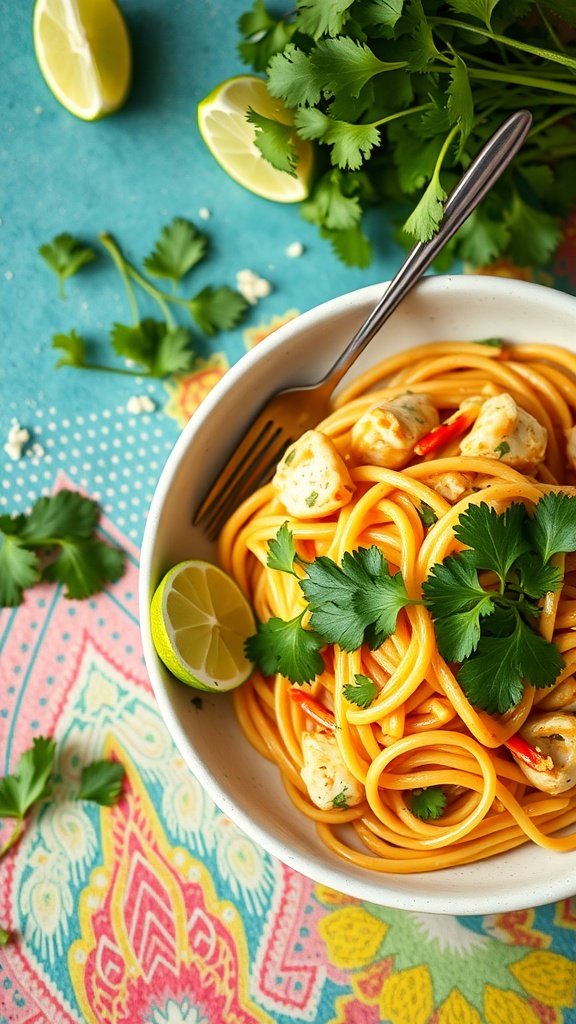 Bowl of Coconut Curry Crab Linguine garnished with lime and fresh herbs
