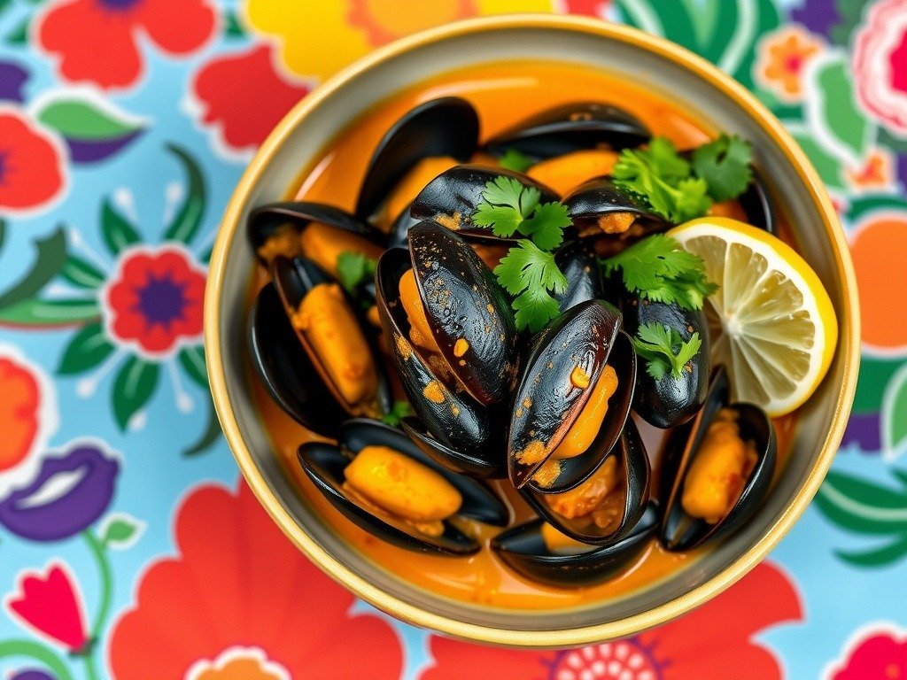 A bowl of coconut curry mussels garnished with cilantro and lemon on a colorful floral background.