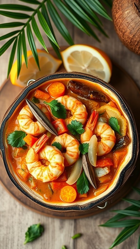 A bowl of coconut curry paella with shrimp, colorful vegetables, and garnished with herbs.