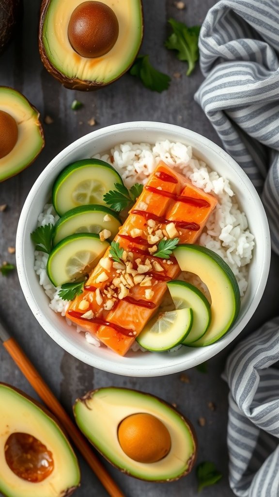 Coconut Miso Salmon Bowl with salmon, avocado, cucumber, and rice on a gray background.