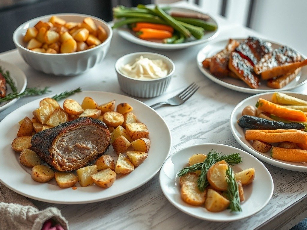 A beautifully arranged plate of roast pork belly with roasted potatoes and seasonal vegetables.
