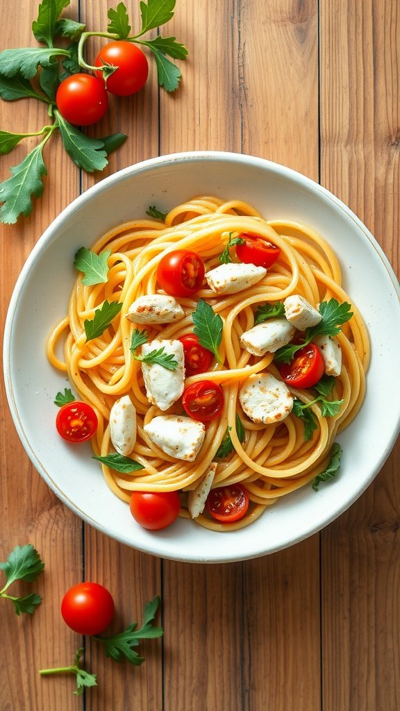 A bowl of Crab Linguine with cherry tomatoes and arugula on a wooden table.