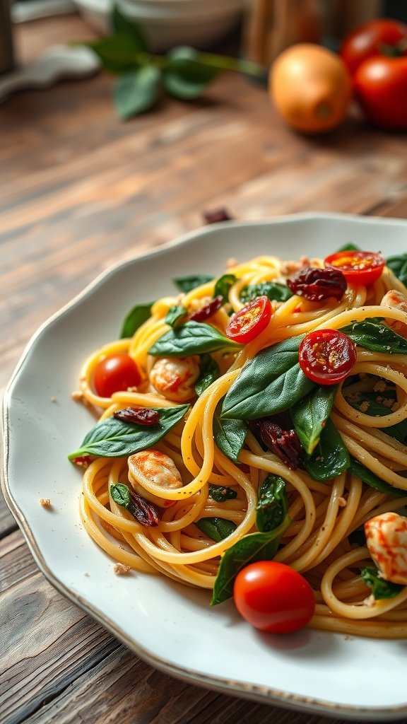 A plate of crab linguine with spinach and sun-dried tomatoes.