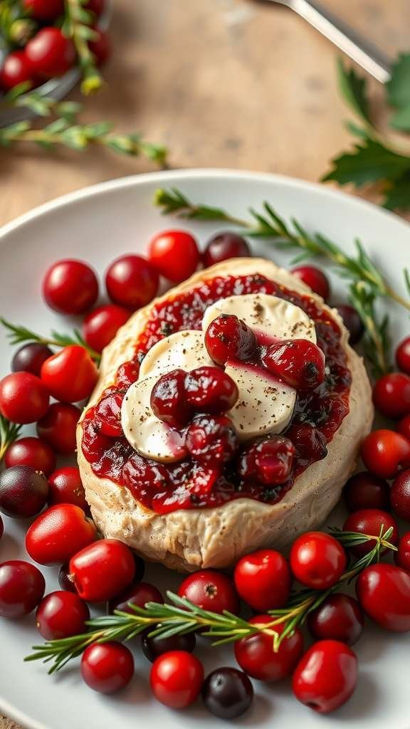 Cranberry and Brie stuffed chicken with fresh cranberries and herbs on a plate