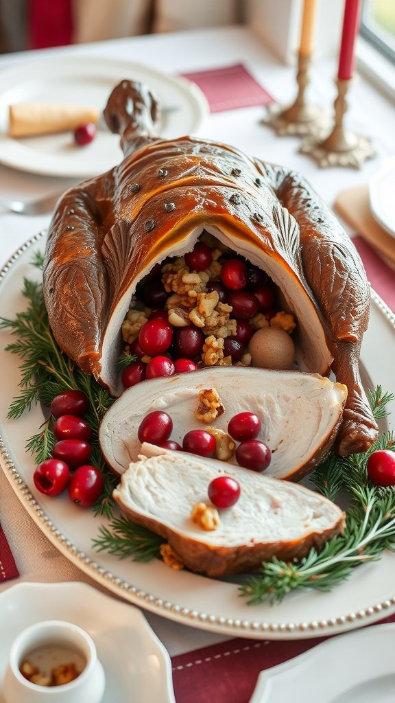 Roast goose stuffed with cranberries and walnuts, garnished with fresh herbs.