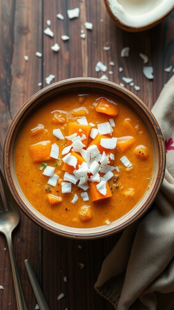 A bowl of creamy butternut squash and coconut chili topped with coconut flakes.
