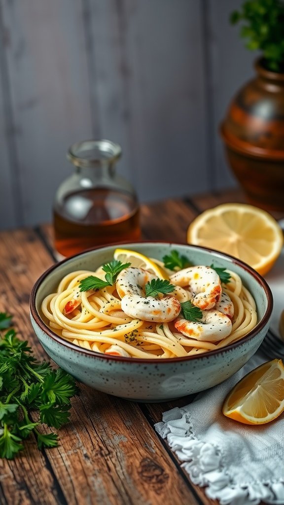 A bowl of creamy garlic crab linguine garnished with parsley and lemon slices.