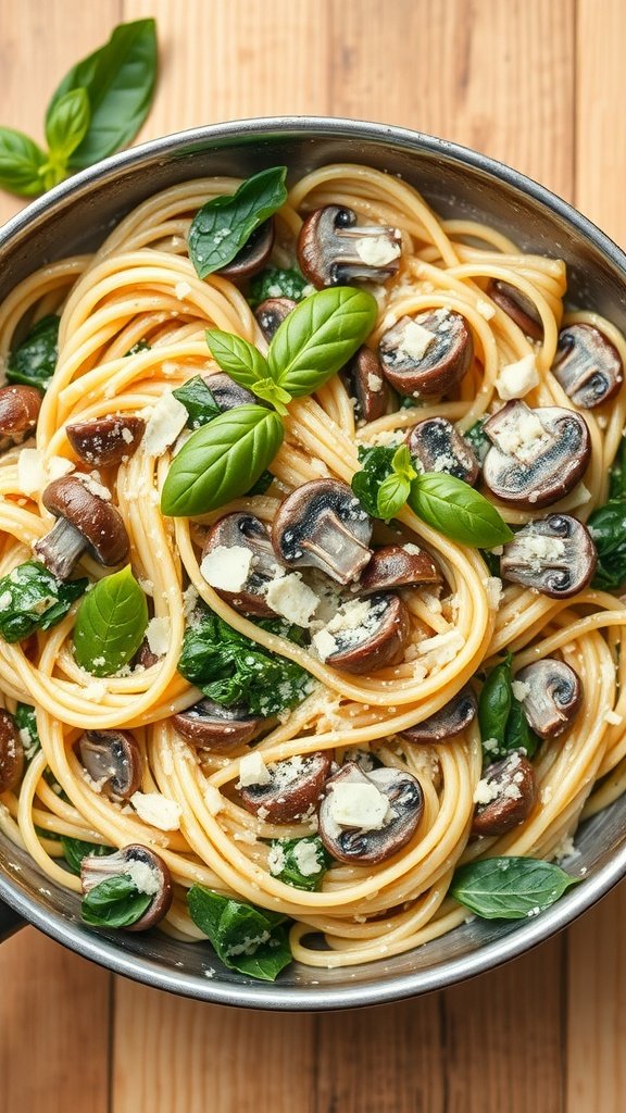 A close-up of creamy mushroom and spinach pasta in a pan, garnished with fresh basil.