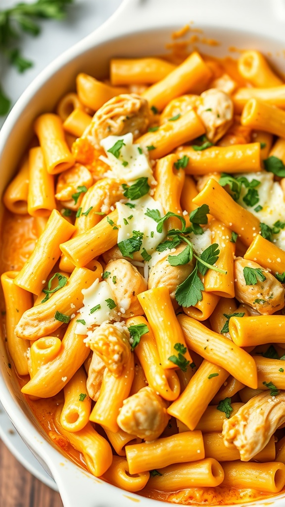 A delicious creamy pumpkin chicken pasta bake with rigatoni, chicken pieces, and topped with herbs.