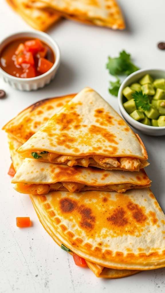 A plate of creamy pumpkin chicken quesadillas with salsa, diced tomatoes, and green toppings.