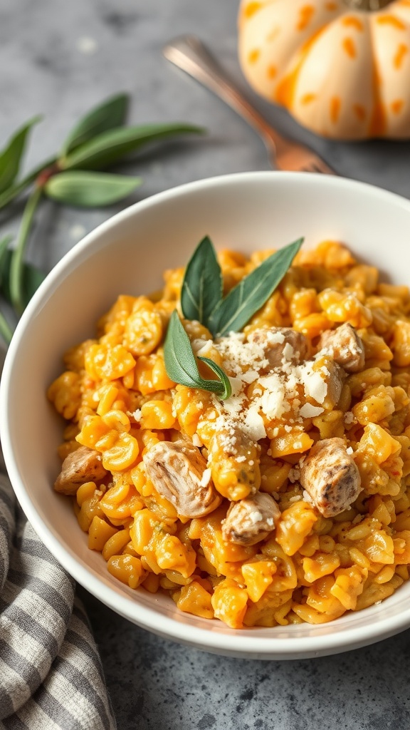A bowl of creamy pumpkin chicken risotto with garnishes.