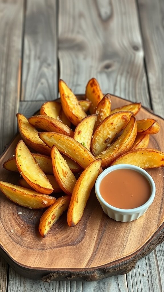 Crispy garlic parmesan potato wedges on a wooden platter with a small bowl of sauce.