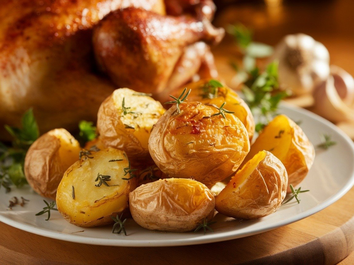 A plate of crispy roasted potatoes garnished with herbs, served alongside roasted chicken.
