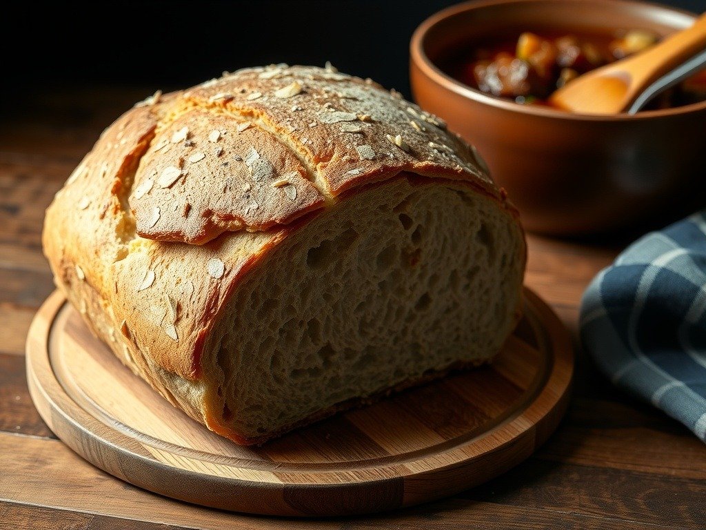 A loaf of crusty bread on a wooden board, ready for dipping in beef and ale stew.