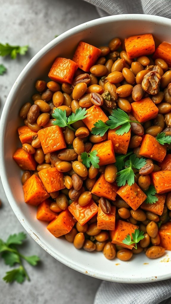 A bowl of curried lentils with sweet potato cubes and fresh cilantro.