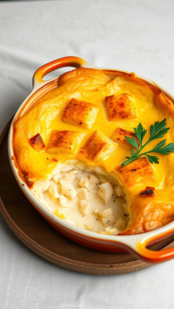 A delicious curry spiced fish pie topped with golden crust and a sprig of parsley.
