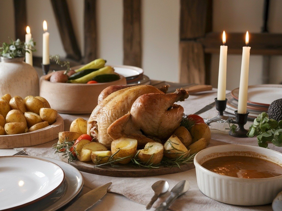 A beautifully roasted chicken with herbs and lemon, surrounded by roasted potatoes and vegetables on a nicely set table.