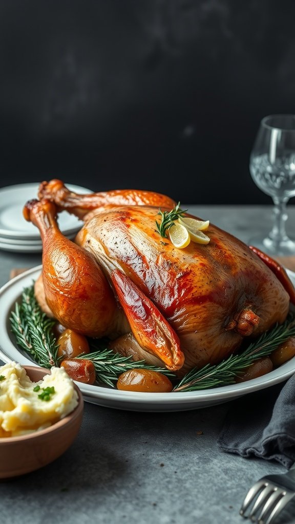 A beautifully roasted goose garnished with lemon slices and rosemary on a platter, accompanied by mashed potatoes.